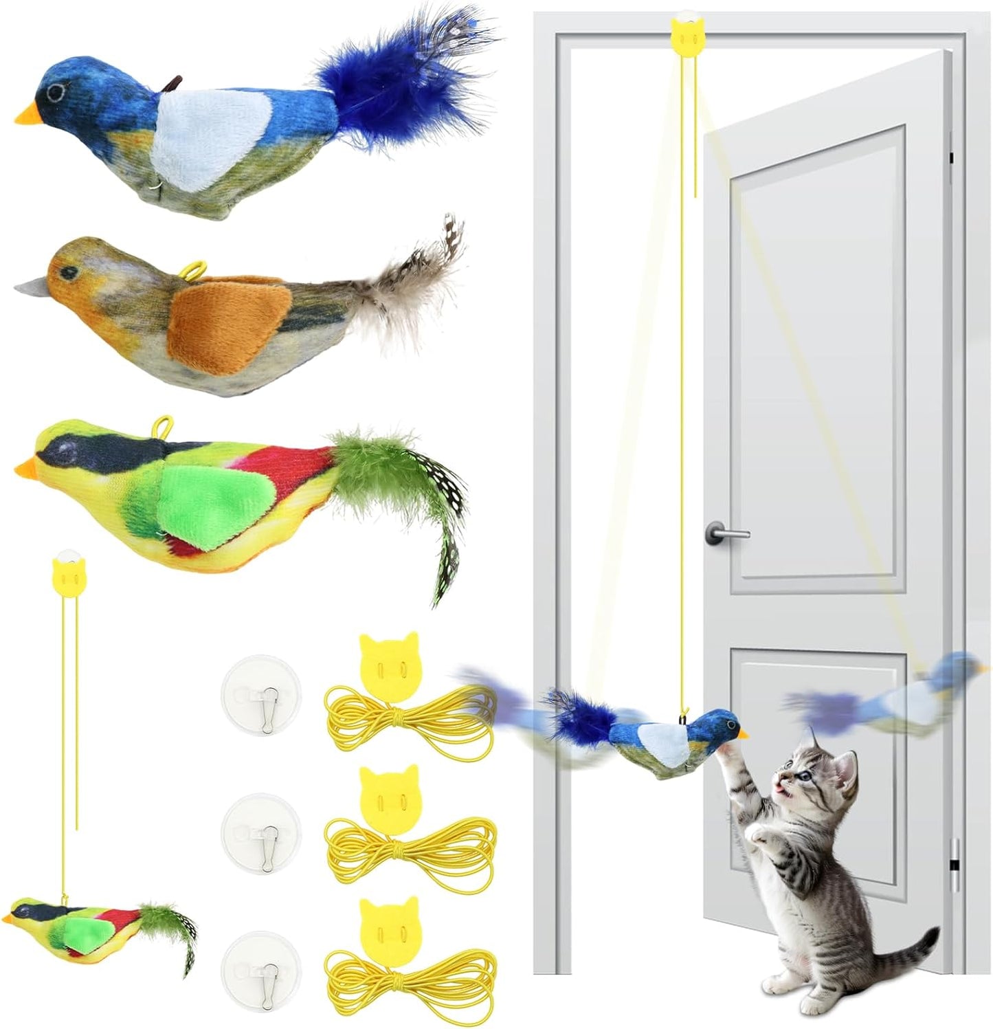 Cat Toys Interactive, Kitten Hanging Toys for Indoor Cats with 1*Caterpillar & 2*Flying Bird Toy, Automatic Door Frame Cat String Toy for Bored Indoor Adult Cats,Detachable,Rechargeable Design