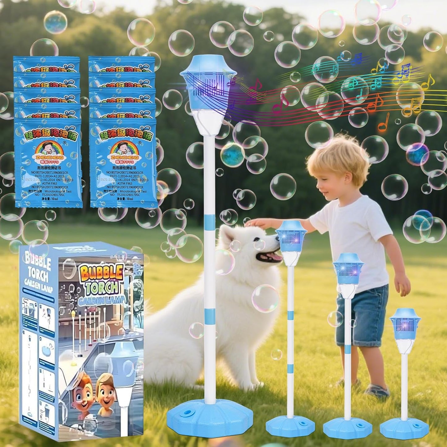 Torch Bubble Machine Maker Stand, Adjustable Height Magical Bubble Torch Garden Lamp Rechargeable Automatic Endless Bubble Fun for All (Blue)