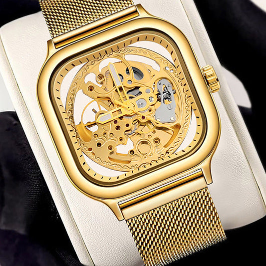Rovite Square Men'S Hollow Mechanical Watch Business Fashion Trend Waterproof Fully Automatic Steel Belt Mechanical Watch For Men