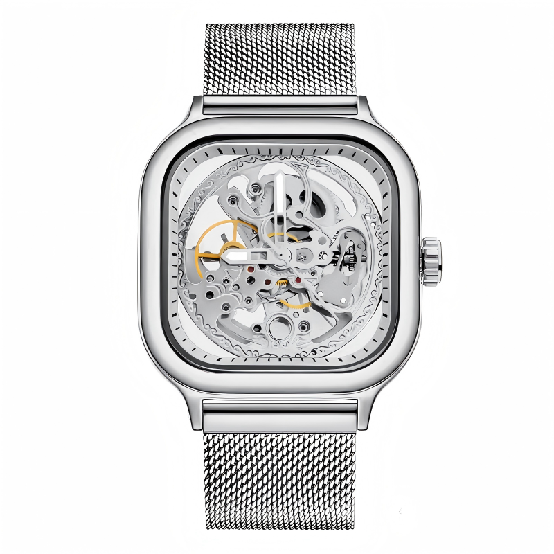Rovite Square Men'S Hollow Mechanical Watch Business Fashion Trend Waterproof Fully Automatic Steel Belt Mechanical Watch For Men