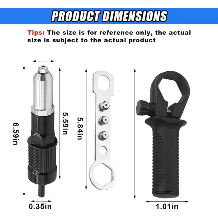 Pop Rivet Gun Adapter Kit, Rivet Drill Attachment with 4 Rivets Heads 2.4mm/3.2mm/4.0mm/4.8mm, Cordless Electric Drill Riveter Insert Nut Tool, Cordless Rivet Gun Power Drill Adaptor Kit