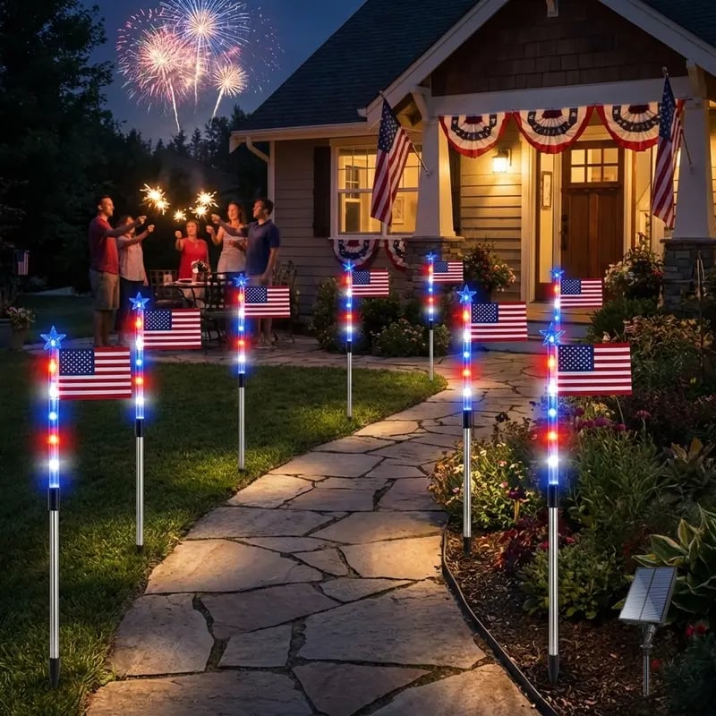 🔥Last Day 50% OFF🔥8 Solar American Flag Pathway Lights – Red, White & Blue Yard Glow for 250th Independence Celebration 🇺🇸✨
