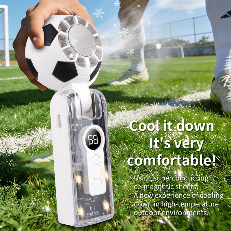2026 New Soccer‑Themed Portable Handheld Fan, USB Rechargeable with Neck Wrist Strap, Semiconductor Cooling, 10H Battery, Digital Display LED Light for Outdoor Travel Desk