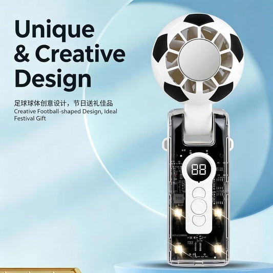 2026 New Soccer‑Themed Portable Handheld Fan, USB Rechargeable with Neck Wrist Strap, Semiconductor Cooling, 10H Battery, Digital Display LED Light for Outdoor Travel Desk