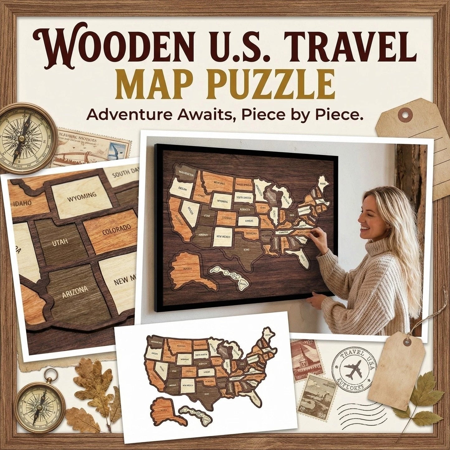 Wooden USA Travel Map Puzzle🧩A Stylish Way to Track Your Journey & Memories