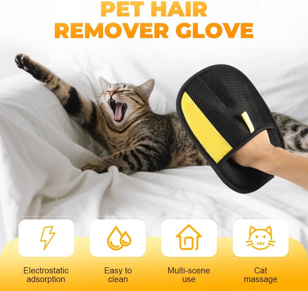 Electrostatic Gloves for Pet Hair Removal: Upgraded 2PCS Animal Fur Removal Tool for Dogs&Cats Efficient Reusable Pet Hair Remover for Couch Carpet Car Seat Clothing Quick Clean (2 pcs-Black)