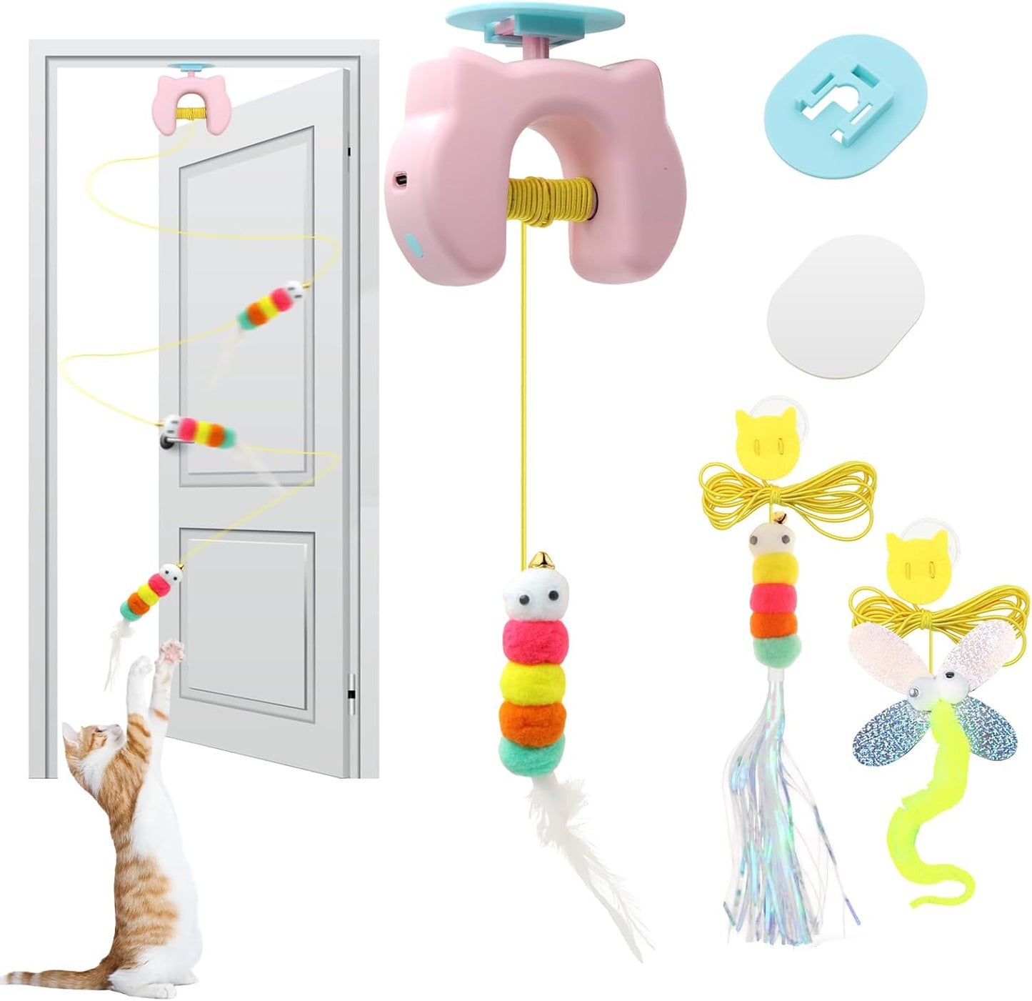 Cat Toys Interactive, Kitten Hanging Toys for Indoor Cats with 1*Caterpillar & 2*Flying Bird Toy, Automatic Door Frame Cat String Toy for Bored Indoor Adult Cats,Detachable,Rechargeable Design