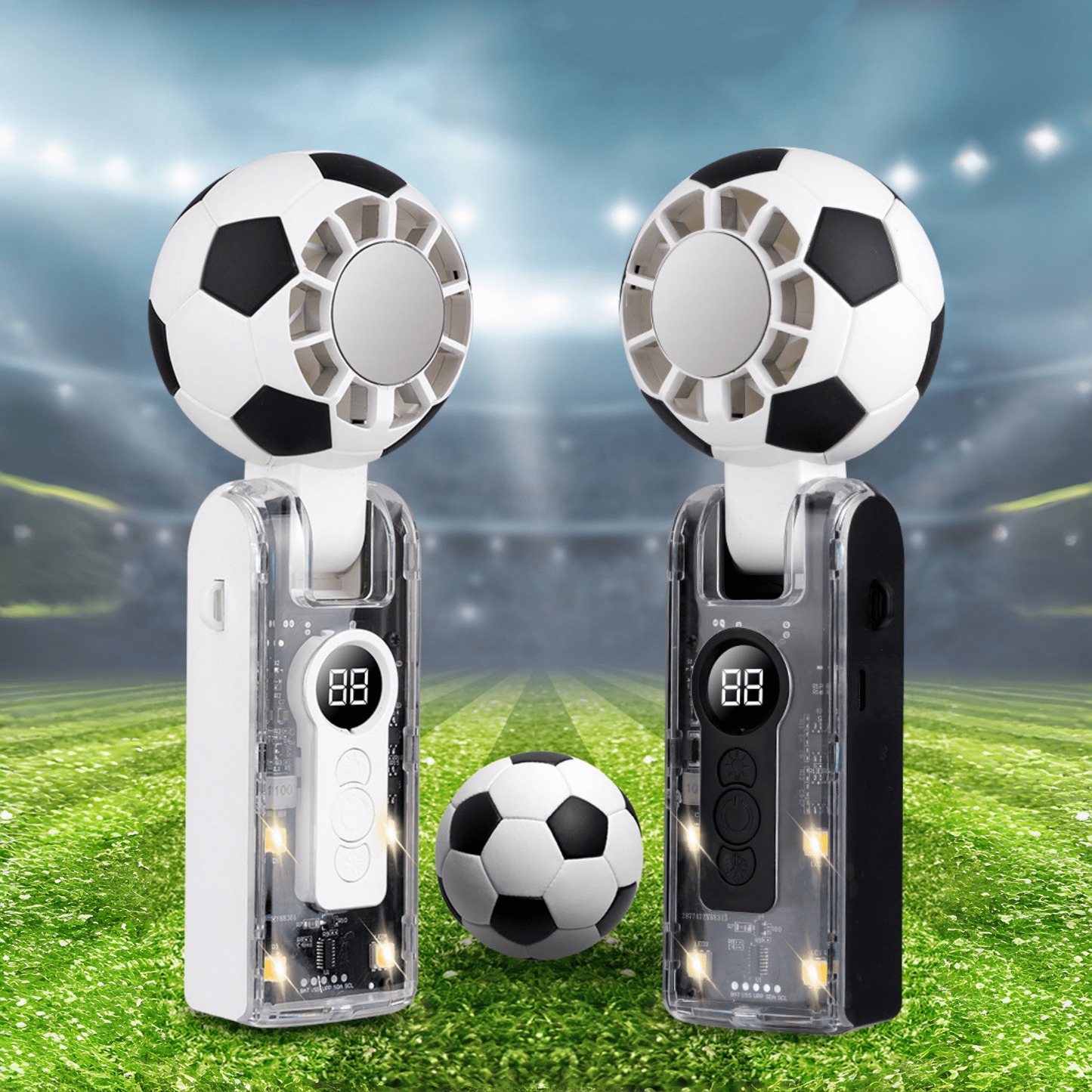 2026 New Soccer‑Themed Portable Handheld Fan, USB Rechargeable with Neck Wrist Strap, Semiconductor Cooling, 10H Battery, Digital Display LED Light for Outdoor Travel Desk