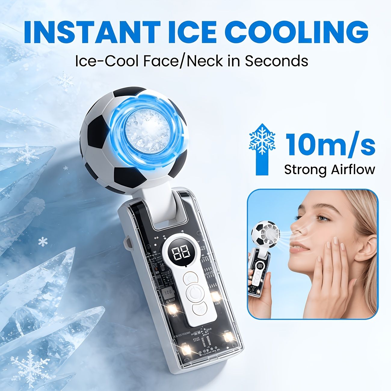 2026 New Soccer‑Themed Portable Handheld Fan, USB Rechargeable with Neck Wrist Strap, Semiconductor Cooling, 10H Battery, Digital Display LED Light for Outdoor Travel Desk