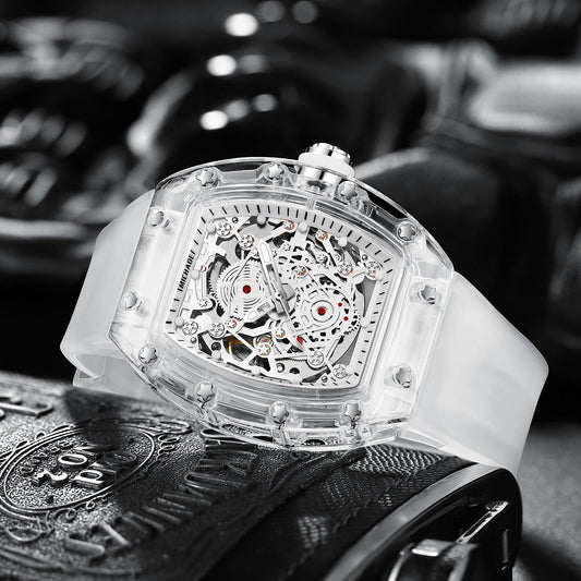 Transparent Tonneau-Shaped Waterproof Skeleton Automatic Mechanical Men's Watch — A Stylish Men's Wristwatch