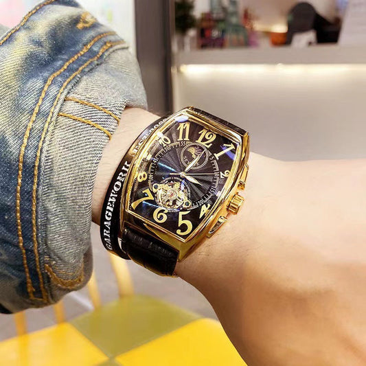 New Men'S Mechanical Watch Waterproof Barrel-Shaped Hollow Belt Men'S Watch Personality Social Boy Men'S Watch