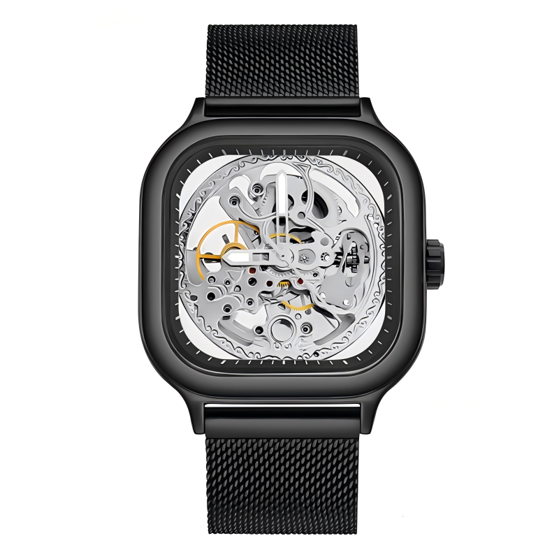 Rovite Square Men'S Hollow Mechanical Watch Business Fashion Trend Waterproof Fully Automatic Steel Belt Mechanical Watch For Men