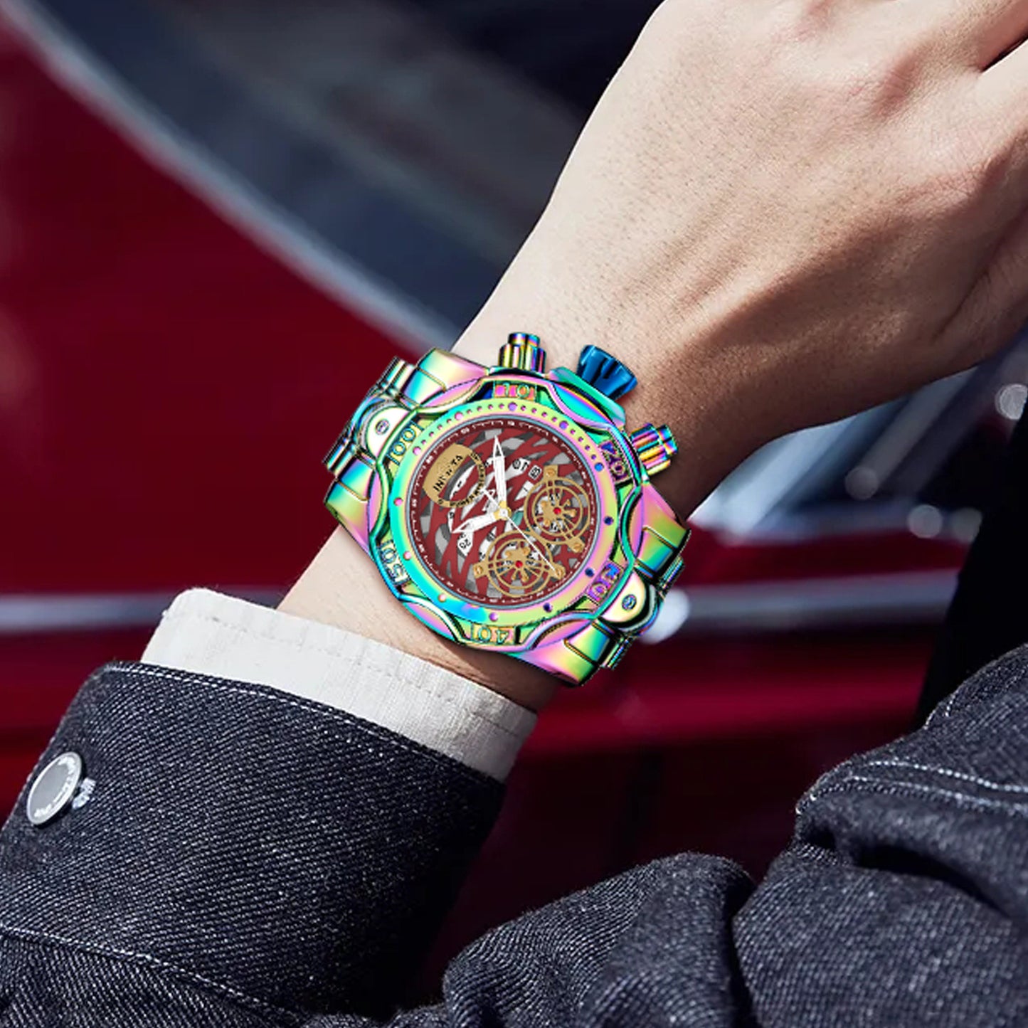 🌈Iridescent Chronograph Watch for Men, Skeleton Dial, Waterproof Stainless Steel Wristwatch