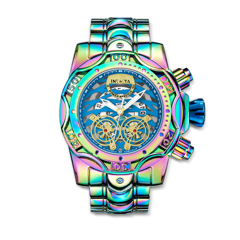 🌈Iridescent Chronograph Watch for Men, Skeleton Dial, Waterproof Stainless Steel Wristwatch