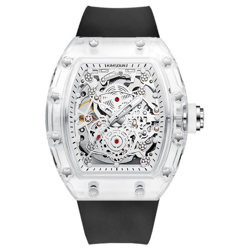 Transparent Tonneau-Shaped Waterproof Skeleton Automatic Mechanical Men's Watch — A Stylish Men's Wristwatch