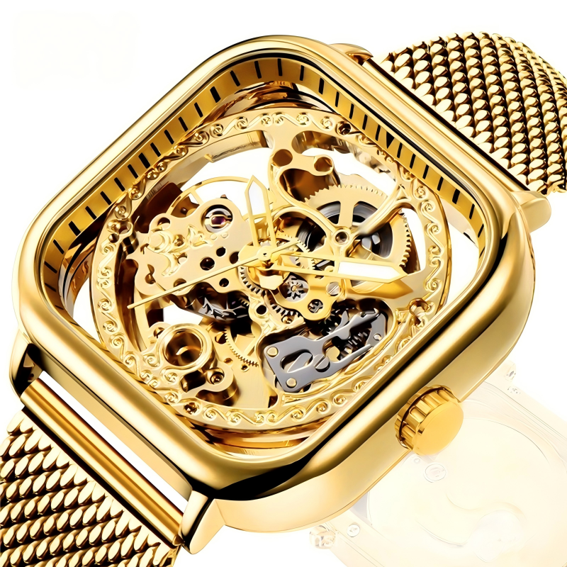 Rovite Square Men'S Hollow Mechanical Watch Business Fashion Trend Waterproof Fully Automatic Steel Belt Mechanical Watch For Men
