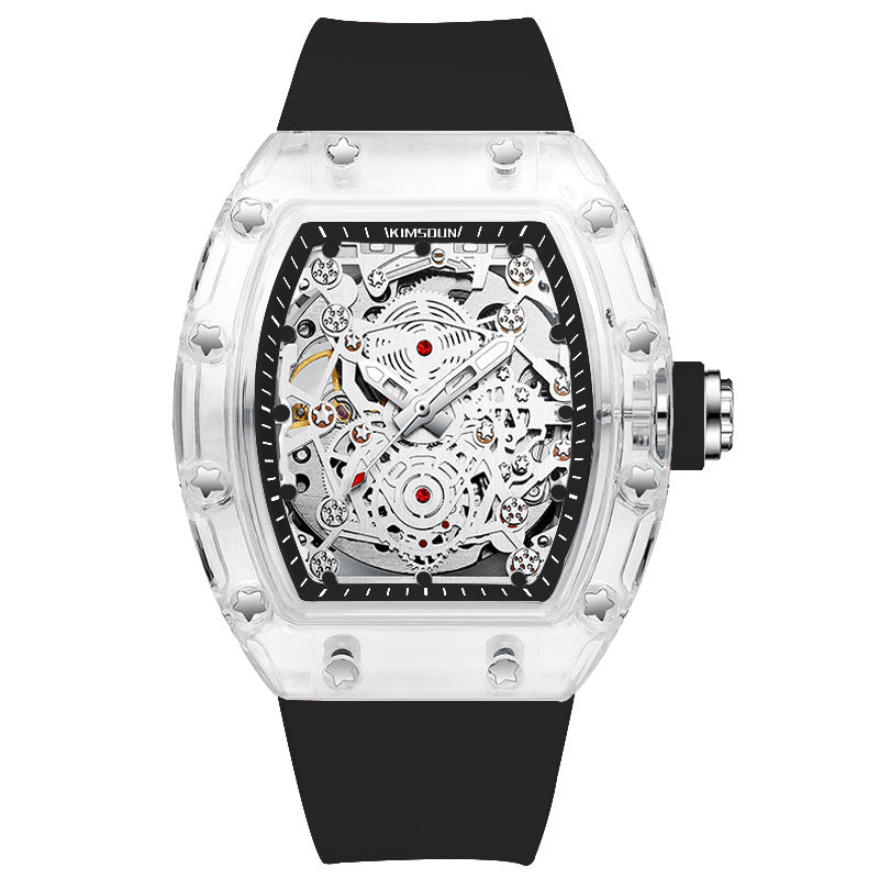 Transparent Tonneau-Shaped Waterproof Skeleton Automatic Mechanical Men's Watch — A Stylish Men's Wristwatch
