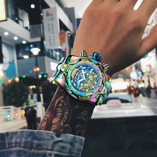 🌈Iridescent Chronograph Watch for Men, Skeleton Dial, Waterproof Stainless Steel Wristwatch