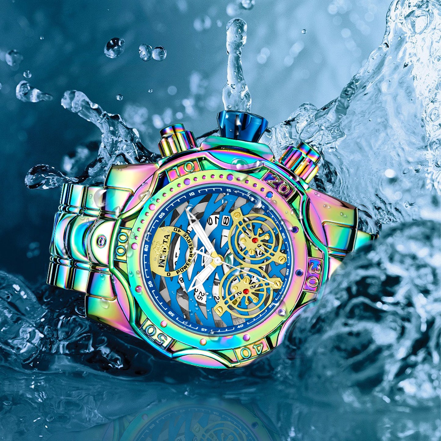 🌈Iridescent Chronograph Watch for Men, Skeleton Dial, Waterproof Stainless Steel Wristwatch