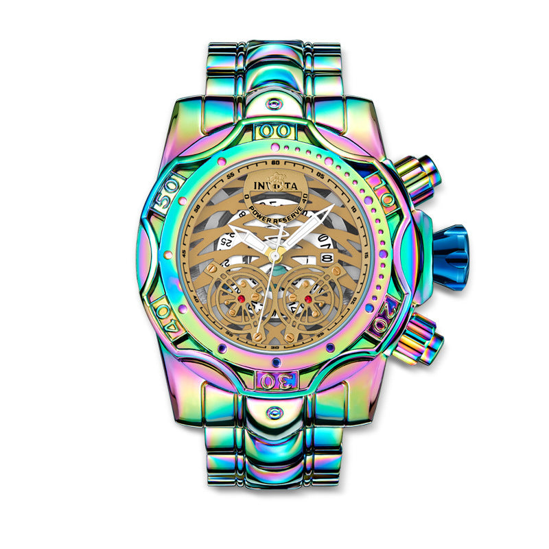 🌈Iridescent Chronograph Watch for Men, Skeleton Dial, Waterproof Stainless Steel Wristwatch