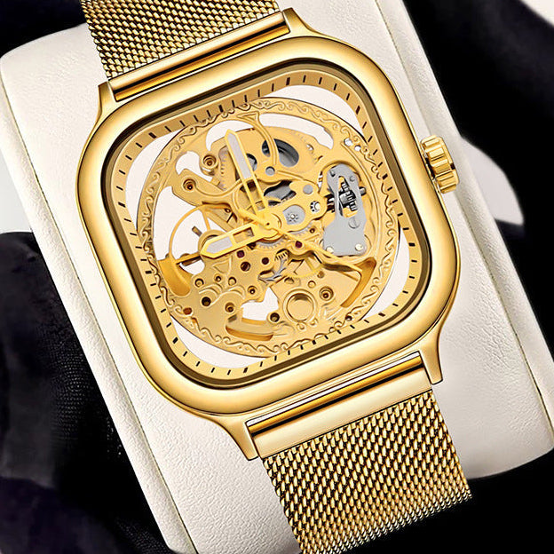 Rovite Square Men'S Hollow Mechanical Watch Business Fashion Trend Waterproof Fully Automatic Steel Belt Mechanical Watch For Men