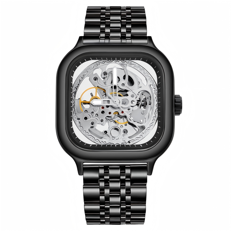Rovite Square Men'S Hollow Mechanical Watch Business Fashion Trend Waterproof Fully Automatic Steel Belt Mechanical Watch For Men
