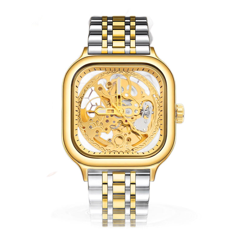 Rovite Square Men'S Hollow Mechanical Watch Business Fashion Trend Waterproof Fully Automatic Steel Belt Mechanical Watch For Men