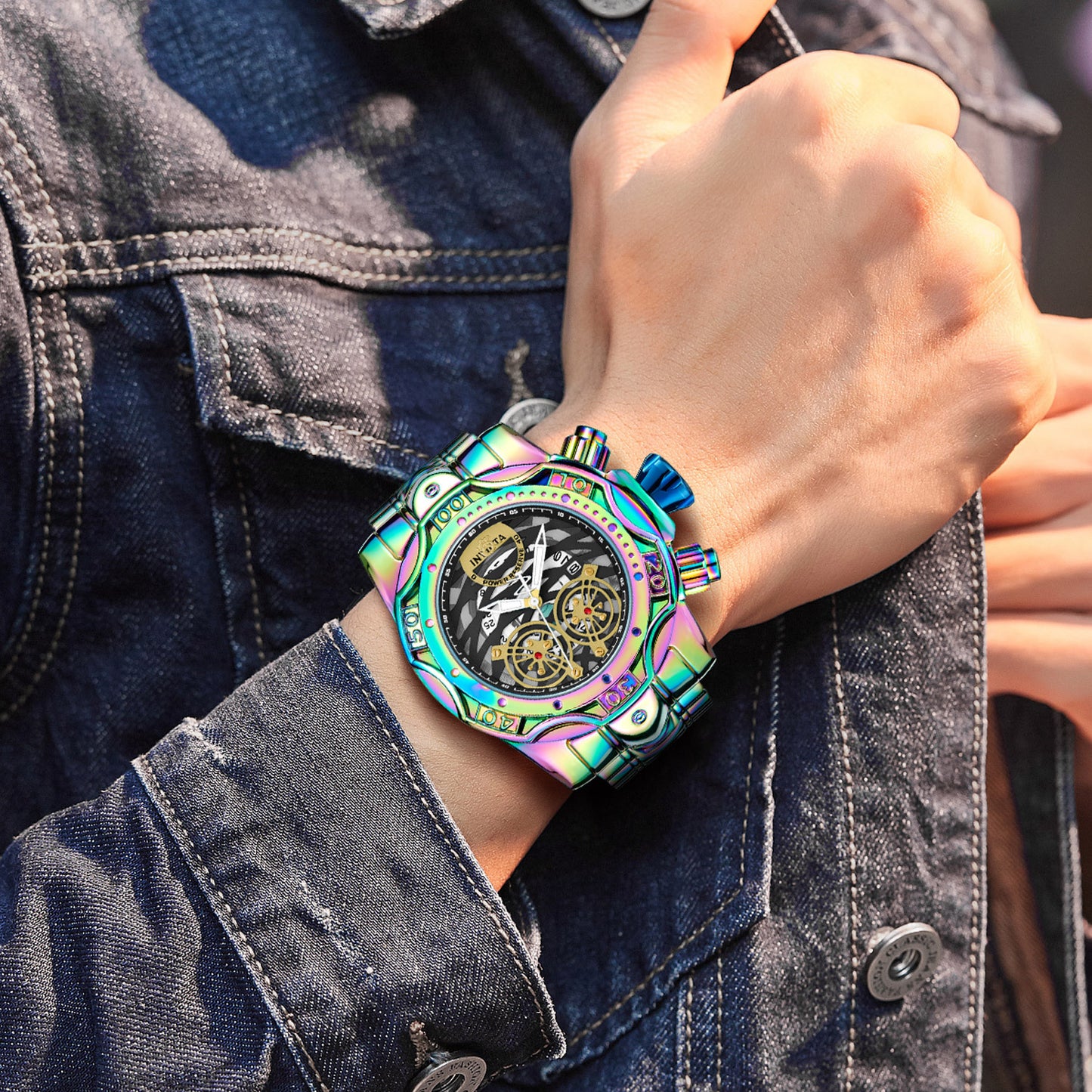 🌈Iridescent Chronograph Watch for Men, Skeleton Dial, Waterproof Stainless Steel Wristwatch