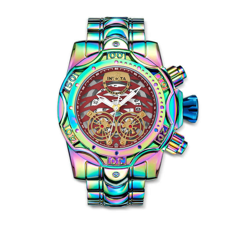 🌈Iridescent Chronograph Watch for Men, Skeleton Dial, Waterproof Stainless Steel Wristwatch