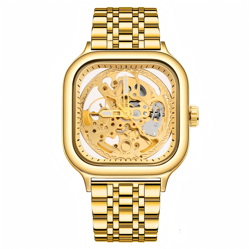 Rovite Square Men'S Hollow Mechanical Watch Business Fashion Trend Waterproof Fully Automatic Steel Belt Mechanical Watch For Men
