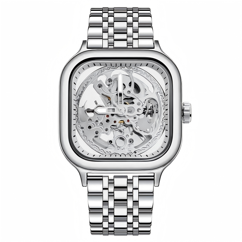 Rovite Square Men'S Hollow Mechanical Watch Business Fashion Trend Waterproof Fully Automatic Steel Belt Mechanical Watch For Men