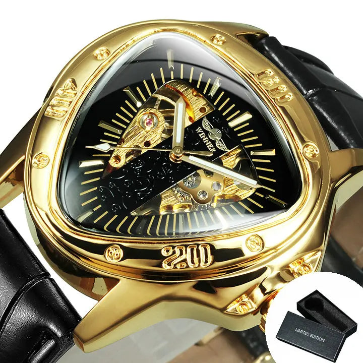 WINNER Sports Military Skeleton Automatic Mechanical Watch for Men Black Gold Triangle Dial Steel Leather Strap Luxury Watches