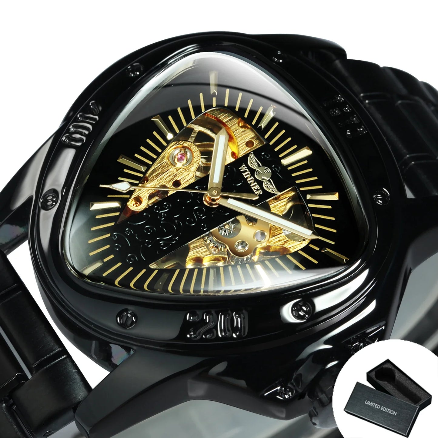 WINNER Sports Military Skeleton Automatic Mechanical Watch for Men Black Gold Triangle Dial Steel Leather Strap Luxury Watches
