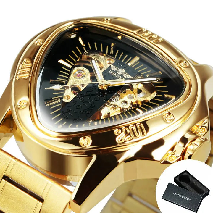 WINNER Sports Military Skeleton Automatic Mechanical Watch for Men Black Gold Triangle Dial Steel Leather Strap Luxury Watches
