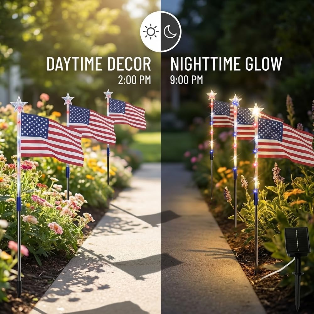 🔥Last Day 50% OFF🔥8 Solar American Flag Pathway Lights – Red, White & Blue Yard Glow for 250th Independence Celebration 🇺🇸✨