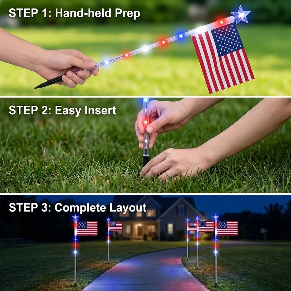 🔥Last Day 50% OFF🔥8 Solar American Flag Pathway Lights – Red, White & Blue Yard Glow for 250th Independence Celebration 🇺🇸✨